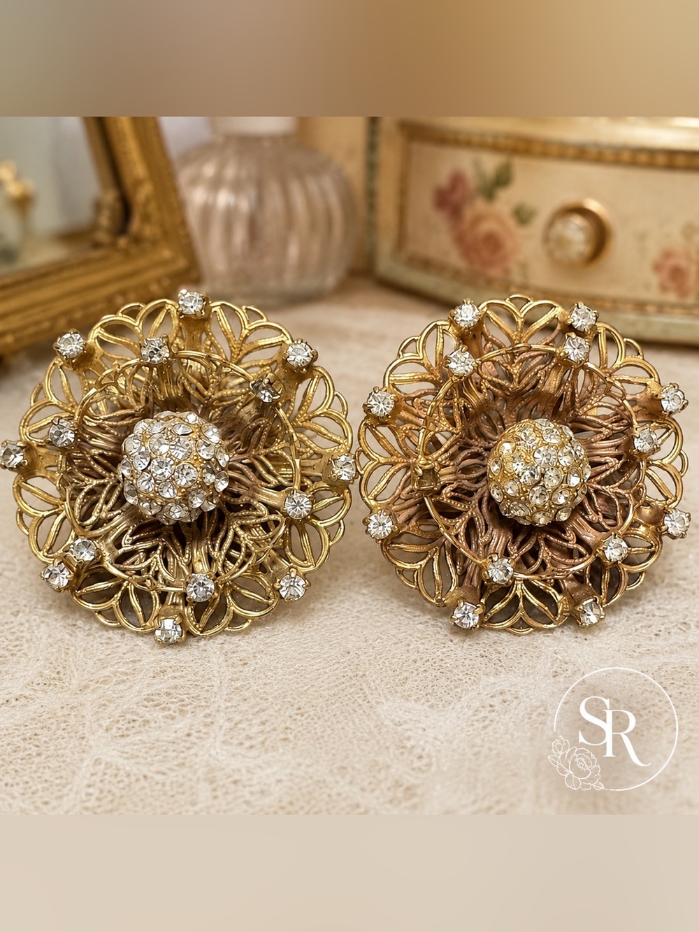Vintage Vendome Rhinestone Filigree Statement Earrings Gold Tone Screw Back